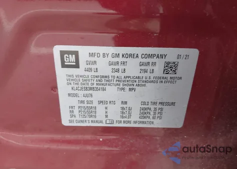 2021 Buick Encore Awd Preferred z USA, uszkodzony, nr VIN KL4CJESB3MB354184